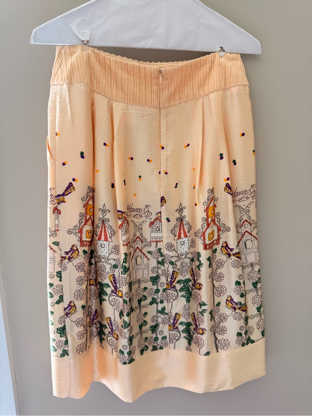 Rare Vintage MANOUSH 100% Silk Bird House Midi Skirt Cottagecore Whimsical Sz6 - Picture 11 of 12